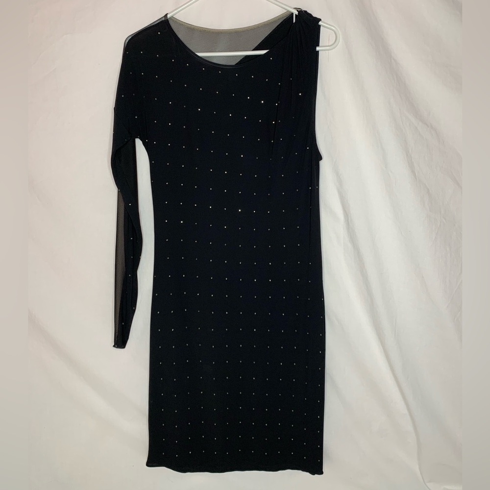 Max Azria one shoulder dress size XS tiny rhinestones mesh in back